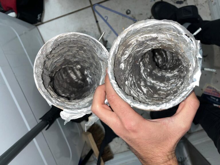 Side-by-side comparison showing a dryer vent before SunDuct cleaning (heavily caked with lint) versus after cleaning (clear and bare)