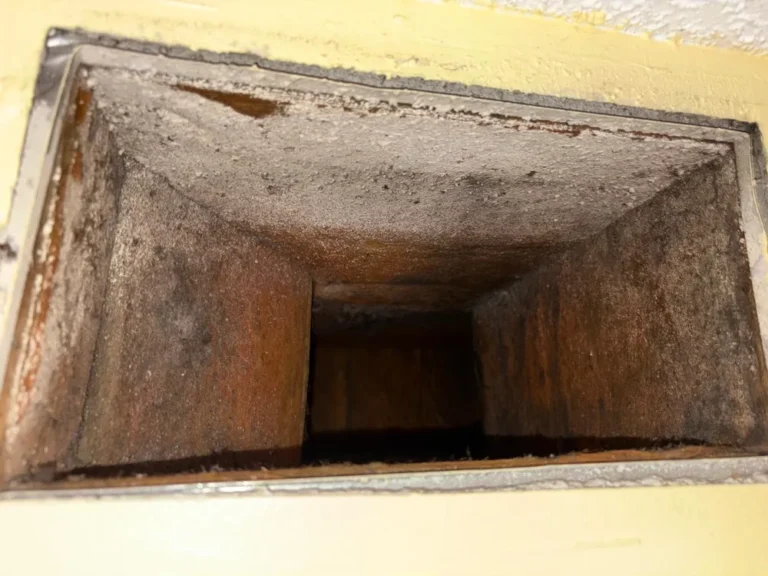 Dust coated return air duct opening before air duct cleaning at a Florida home